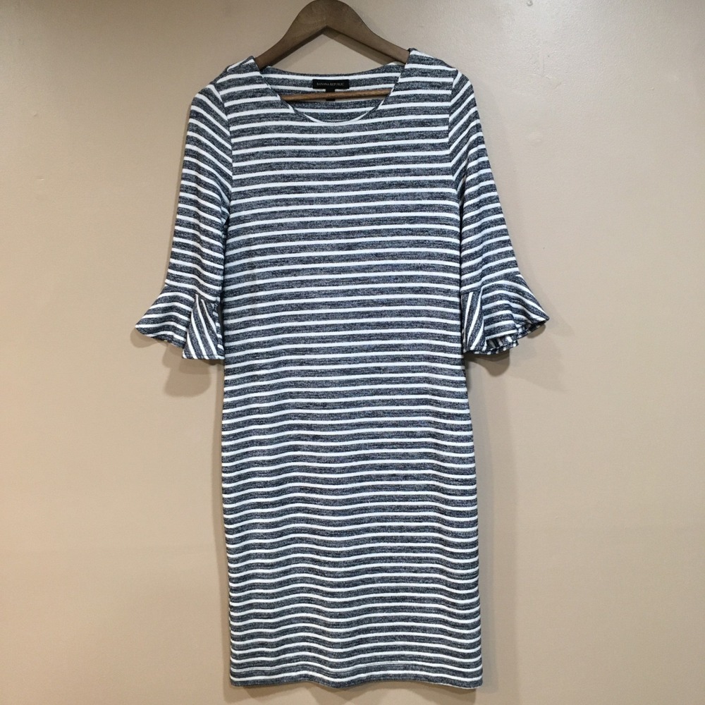 Banana Republic‎ Ruffle Sleeve Midi Dress Womens 10 Navy White Stripe Nautical